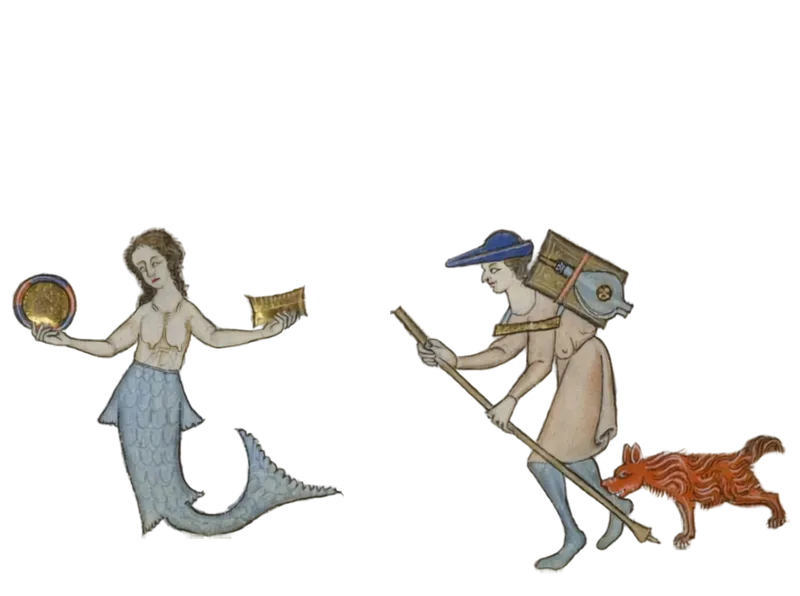Mermaid and companion from a medieval manuscript margin