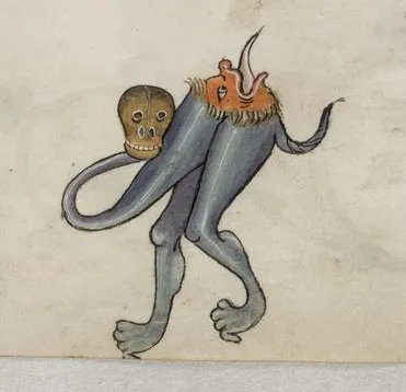 Hybrid grotesque from the Luttrell Psalter: a long-limbed creature bearing a skull