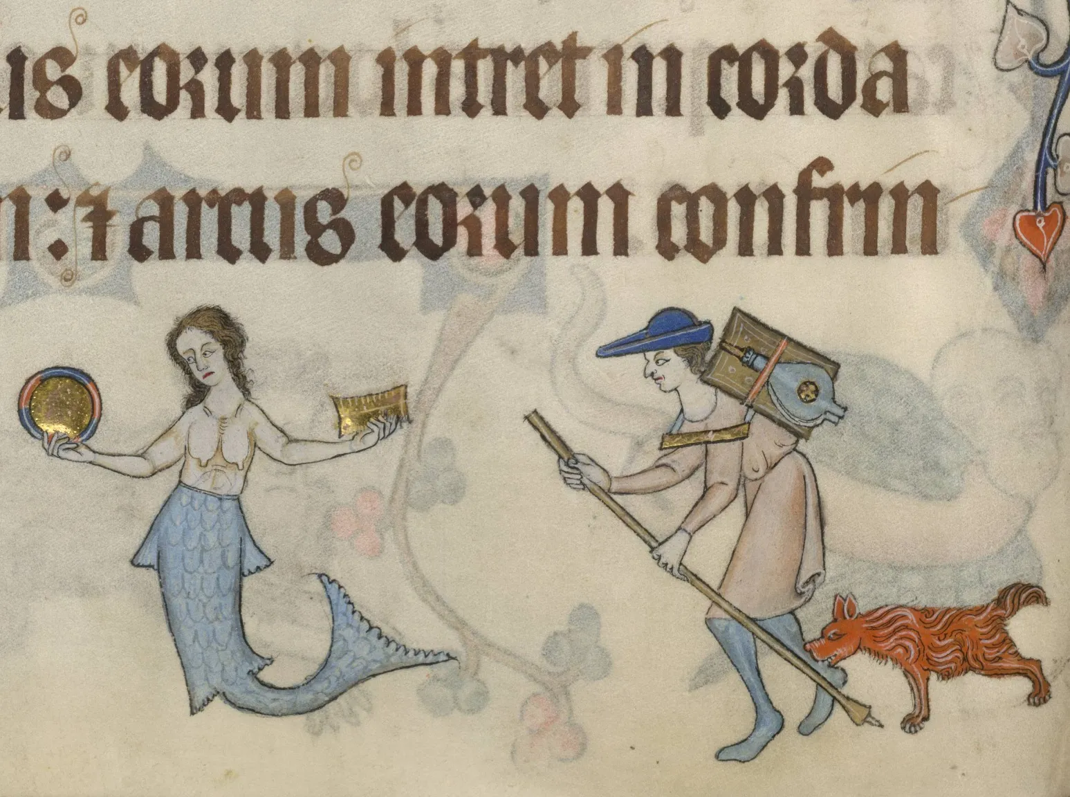 Mermaid with mirror and comb beside a pedlar and dog, from the Luttrell Psalter