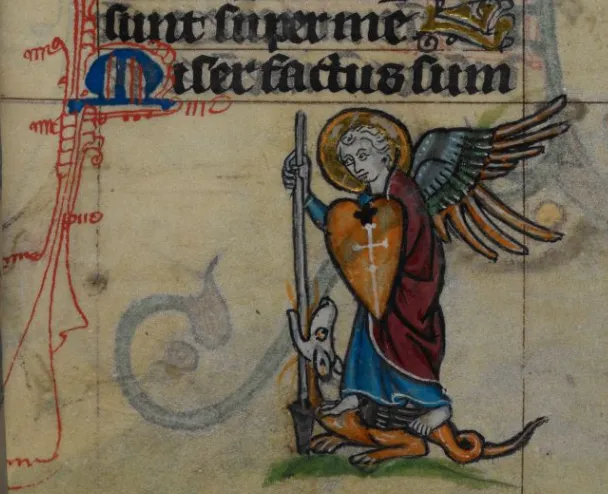 Winged figure with staff and shield standing over a dragon, from a Book of Hours margin