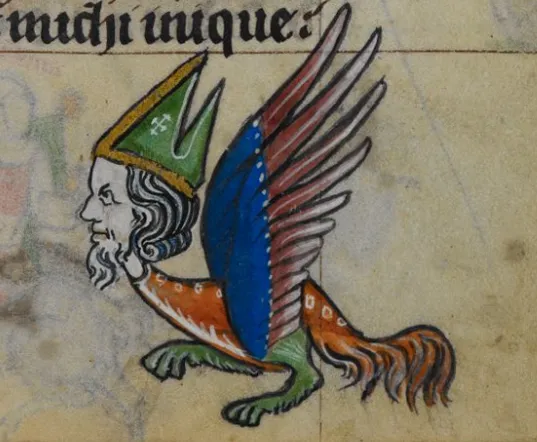 Winged hybrid with a human head and pointed hat, from a Book of Hours margin