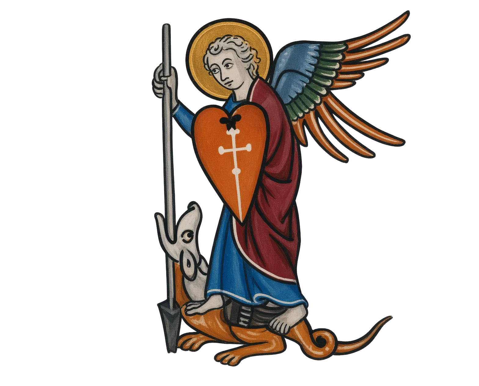 Winged figure standing over a dragon, from a medieval manuscript margin